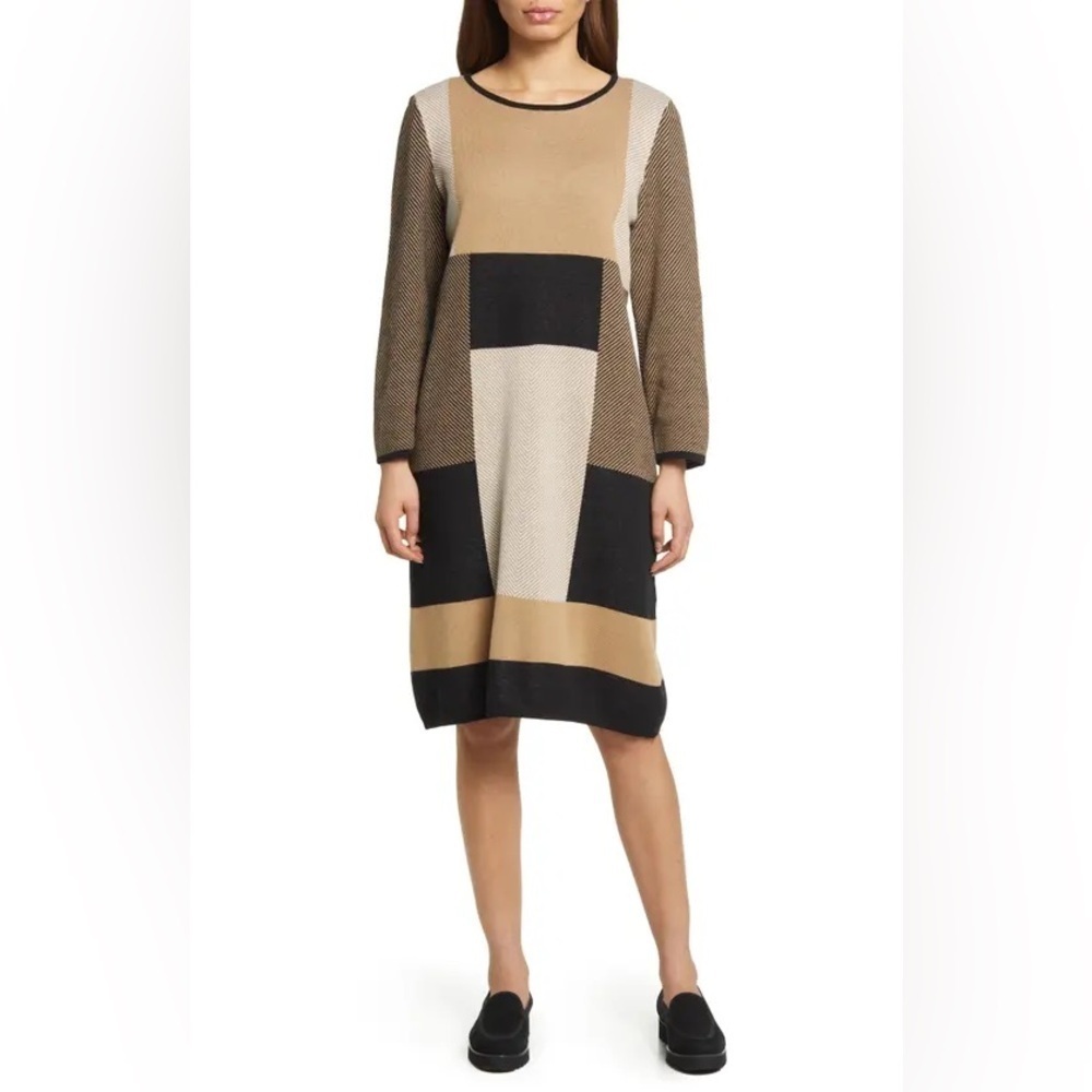 Anne Klein Long Sleeve Geometric Dress - Black, Cream, Tan